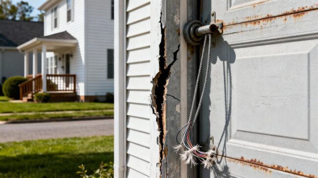 Damaged garage door with visible wear and tear.