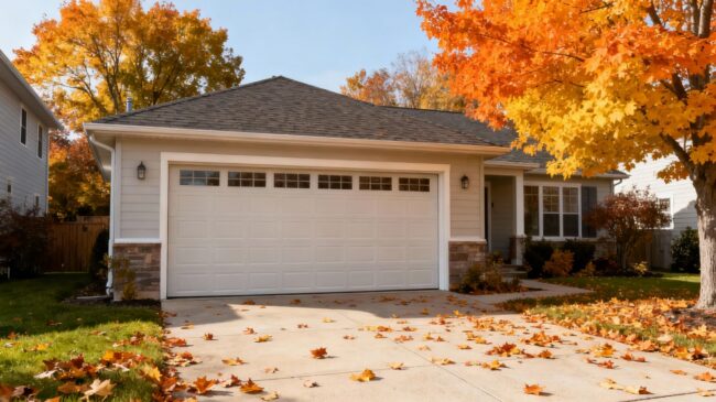 Garage door with autumn leaves on the driveway