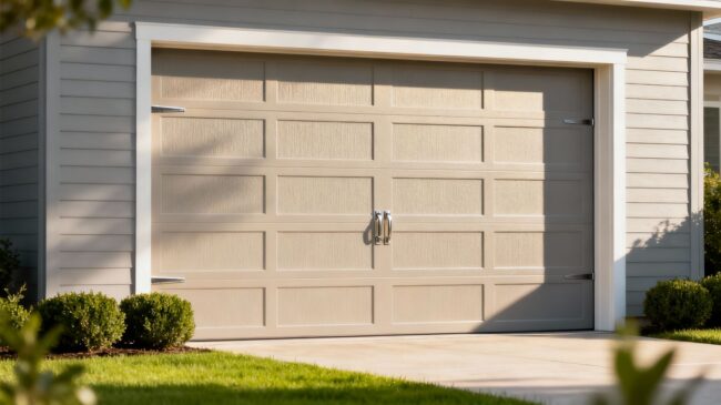 Modern garage door on a suburban home.