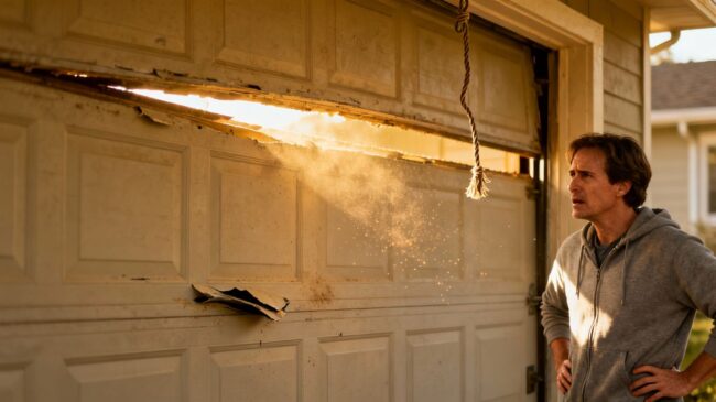 Residential garage door with visible damage and a concerned homeowner.