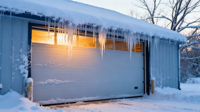 Snowy commercial garage door with icicles.