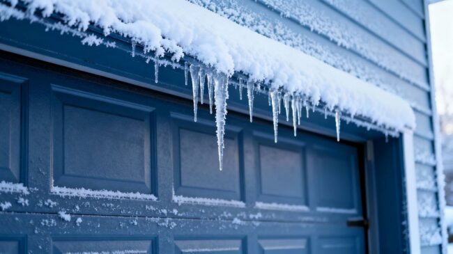 Garage door covered in light snow and frost.