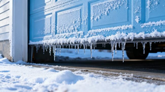 Garage door covered in frost and icicles in winter.