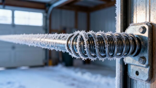 Frosty garage door spring in cold weather.
