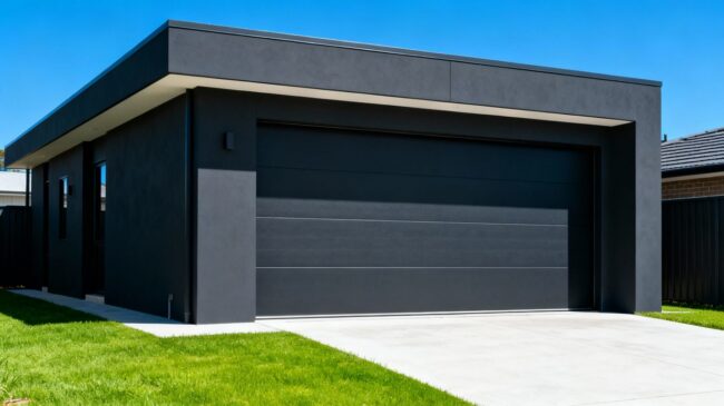 Modern custom residential garage exterior with dark gray finish.