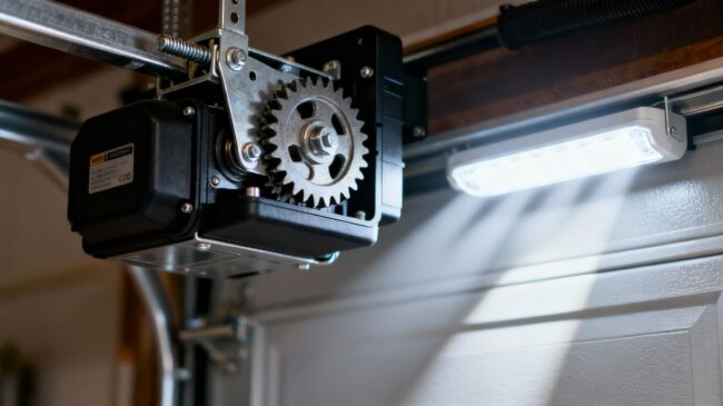 Garage door opener mechanism with gears and motor.