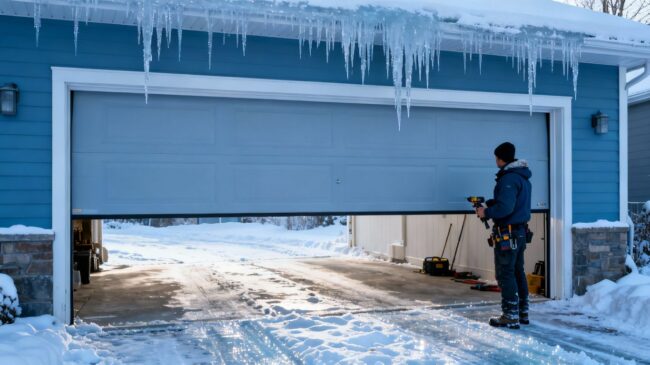 Professional garage door installation in cold weather.