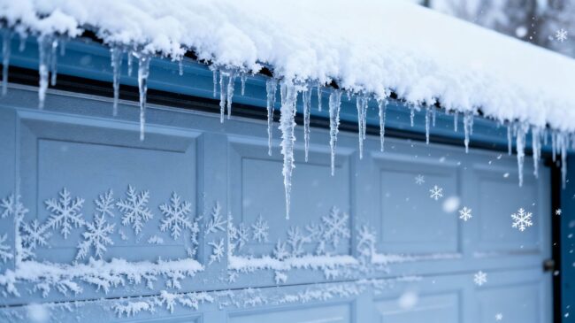 Snowy garage door with icicles and frost.