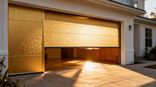 Insulated garage door with sunlight on driveway.