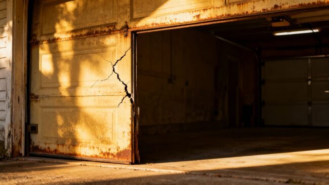 Old, worn garage door with visible signs of damage.