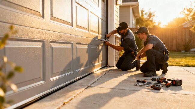 Professional installation of a new garage door.