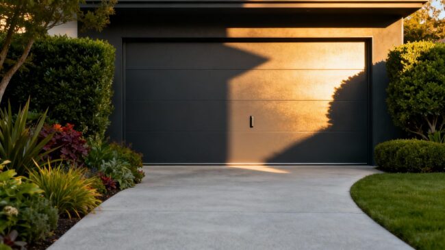 Modern home with a dark gray garage door.