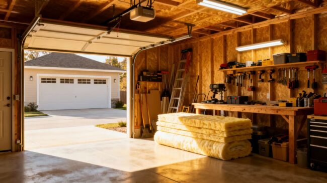 Energy efficient garage with organized tools and insulation.