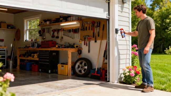 Garage door open, ready for spring maintenance.