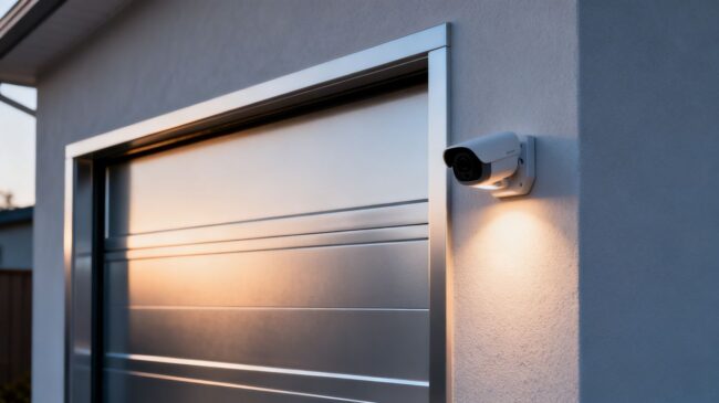 Garage door and security camera on a house exterior.