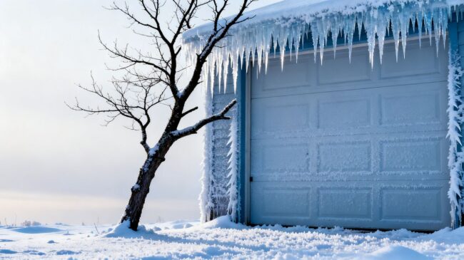 Frosty garage door with icicles and snow.
