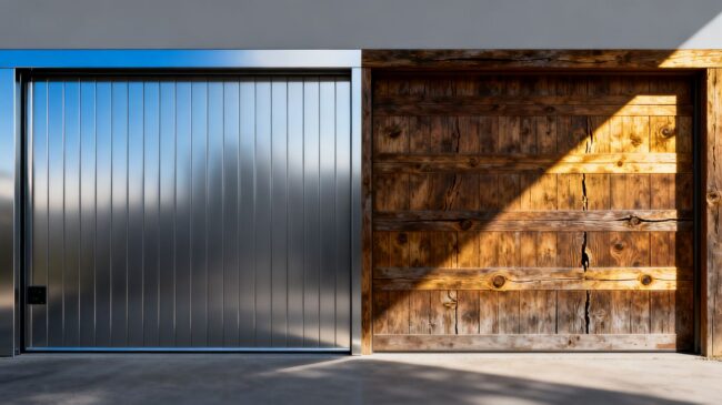 Garage door materials comparison: metal vs. wood.