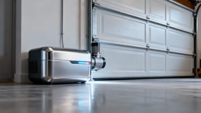 Modern garage door opener unit next to a closed garage door.