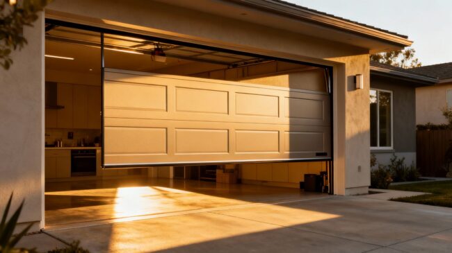Modern insulated garage door on a sunny day.