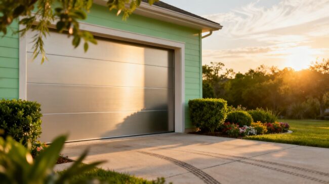 Insulated garage door in warm Texas climate.
