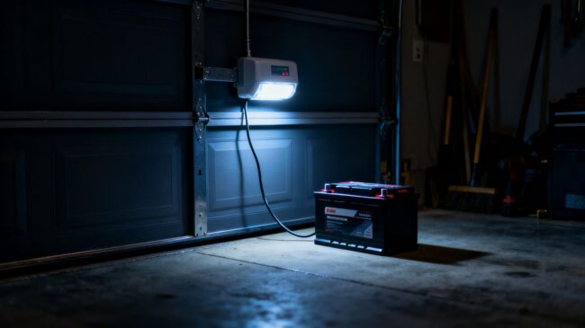 Garage door opener with backup battery during outage