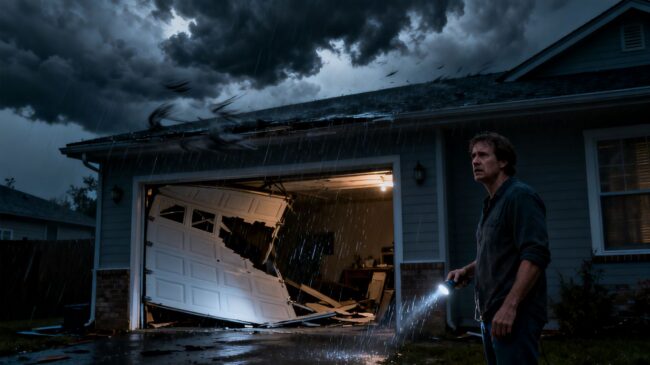 Damaged garage door during a spring storm.