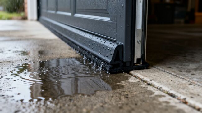 Garage threshold seal blocking heavy rain water from entering.
