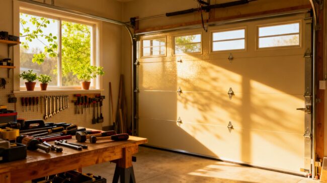 Well-maintained garage door with tools and sunlight.