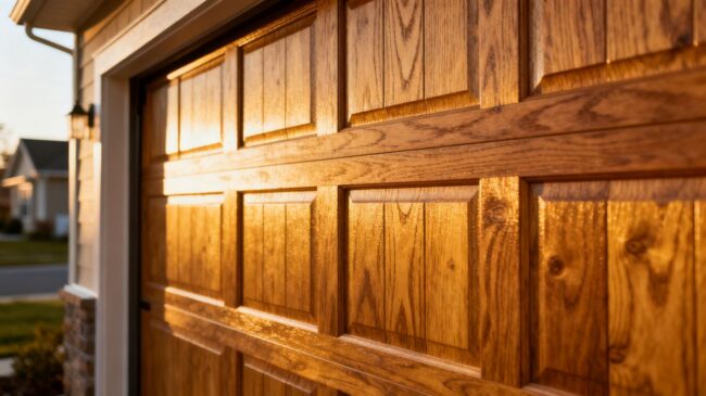 Wooden garage door with visible wood grain.