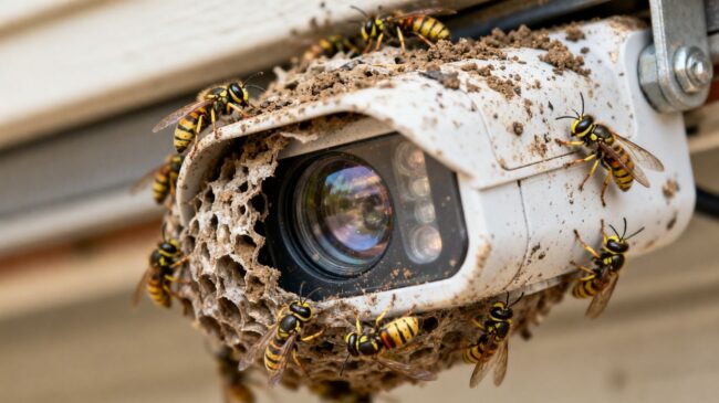 Mud dauber nest on a garage door sensor.