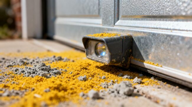 Garage door sensor covered in pollen and dust.