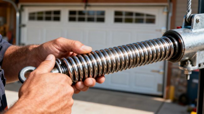 Garage door spring installation by a professional technician.