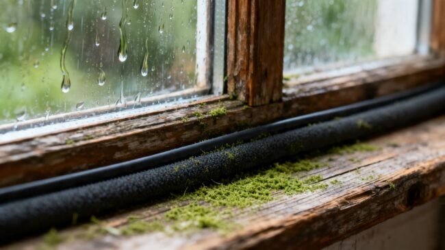 Weatherstripping on a window sealing out rain and pollen.