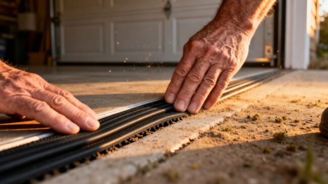Hands applying weatherstripping to a garage door bottom.