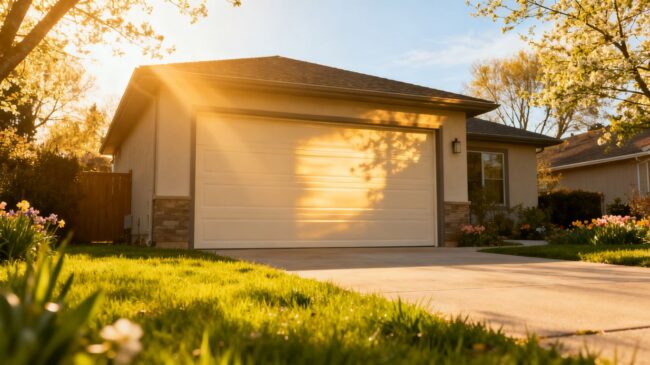 Insulated garage door on a house in spring.