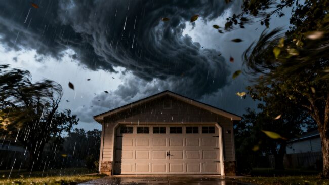 Garage door enduring a spring storm in Hempstead, TX.