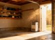 Dry garage interior with organized shelves and sunlight.