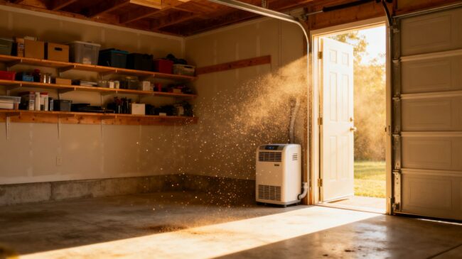 Dry garage interior with organized shelves and sunlight.