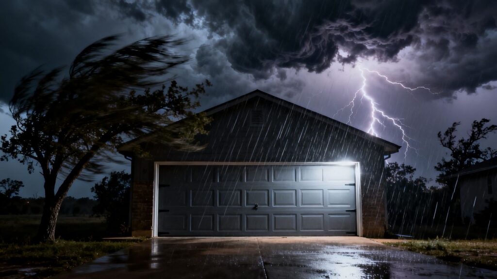 Stormy Texas sky over a resilient garage door.
