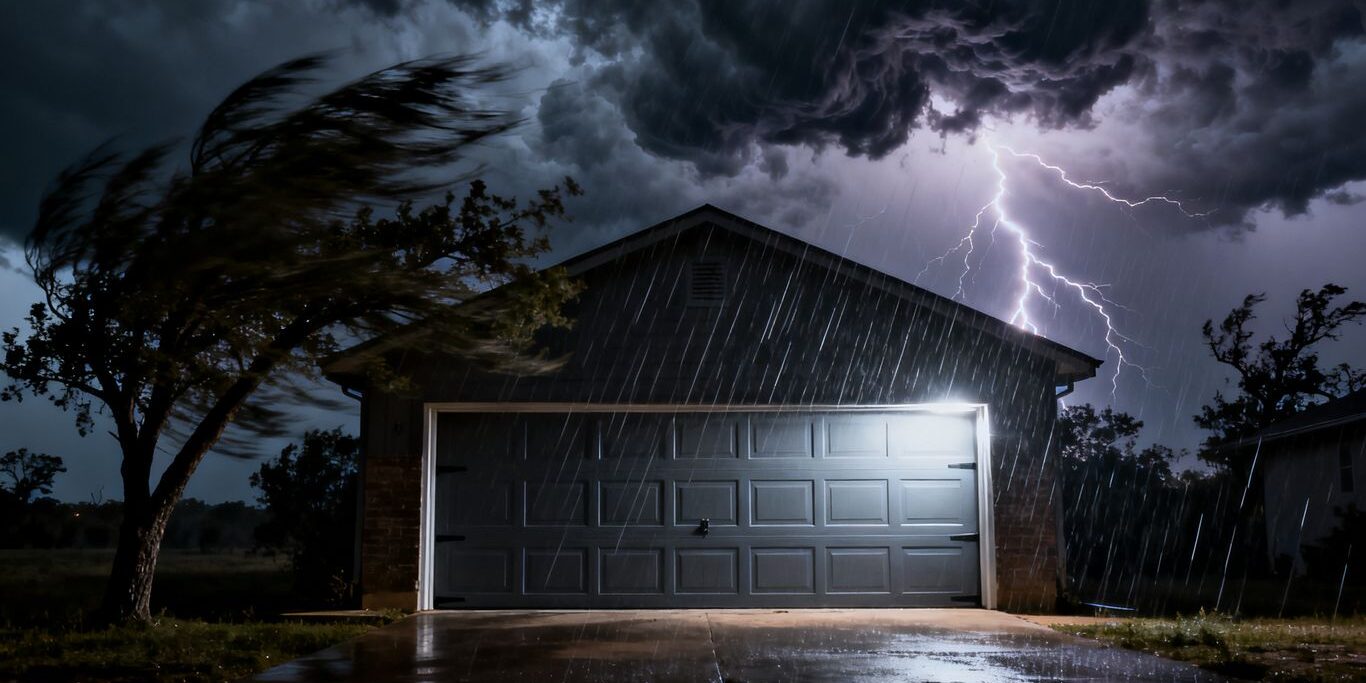 Stormy Texas sky over a resilient garage door.
