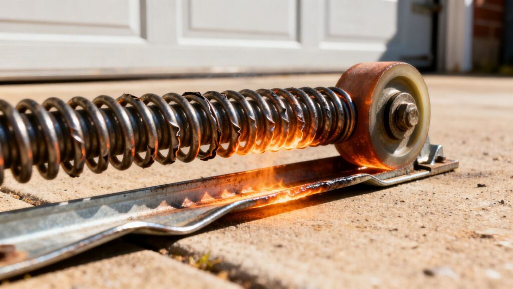 Texas heat damaging garage door components: spring, rollers, track.