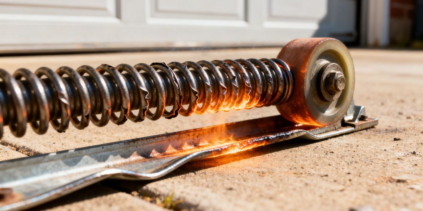 Texas heat damaging garage door components: spring, rollers, track.