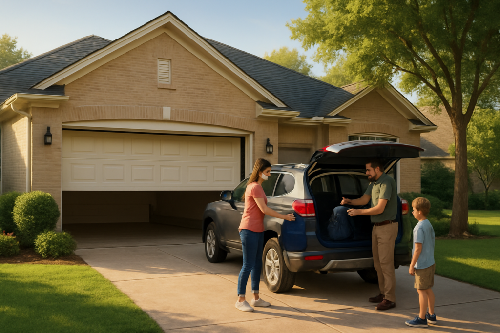 A man and a woman stand by an SUV with its trunk open, loading bags while a young boy watches on a sunny suburban driveway; the woman wears a mask.