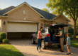 A man and a woman stand by an SUV with its trunk open, loading bags while a young boy watches on a sunny suburban driveway; the woman wears a mask.