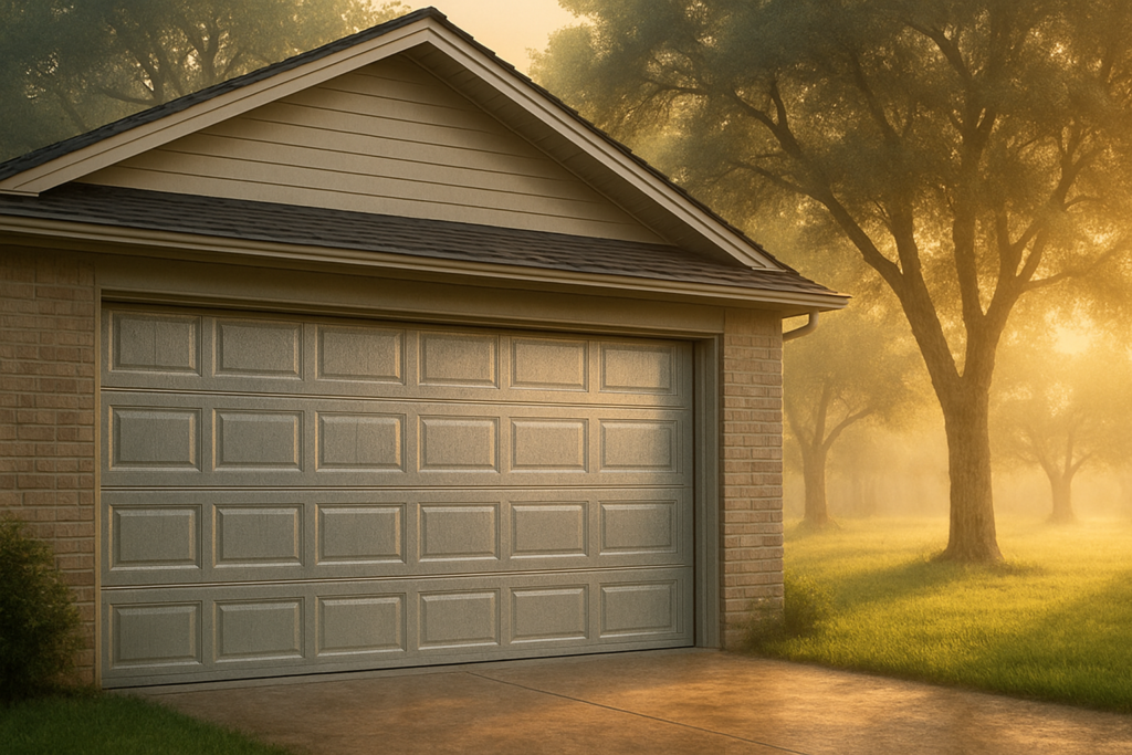 Closed gray sectional garage door on a brick house, driveway in morning light with trees in a misty yardans