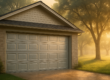 Closed gray sectional garage door on a brick house, driveway in morning light with trees in a misty yardans