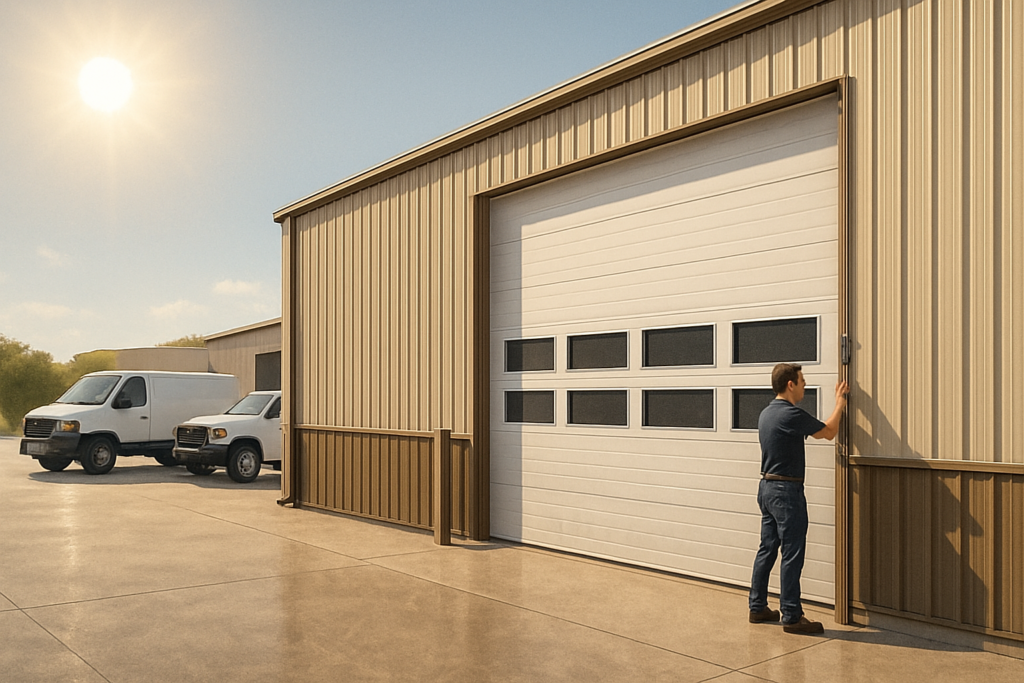 Man in jeans opens a large beige metal warehouse door on a sunny day, with two white vans parked nearby.