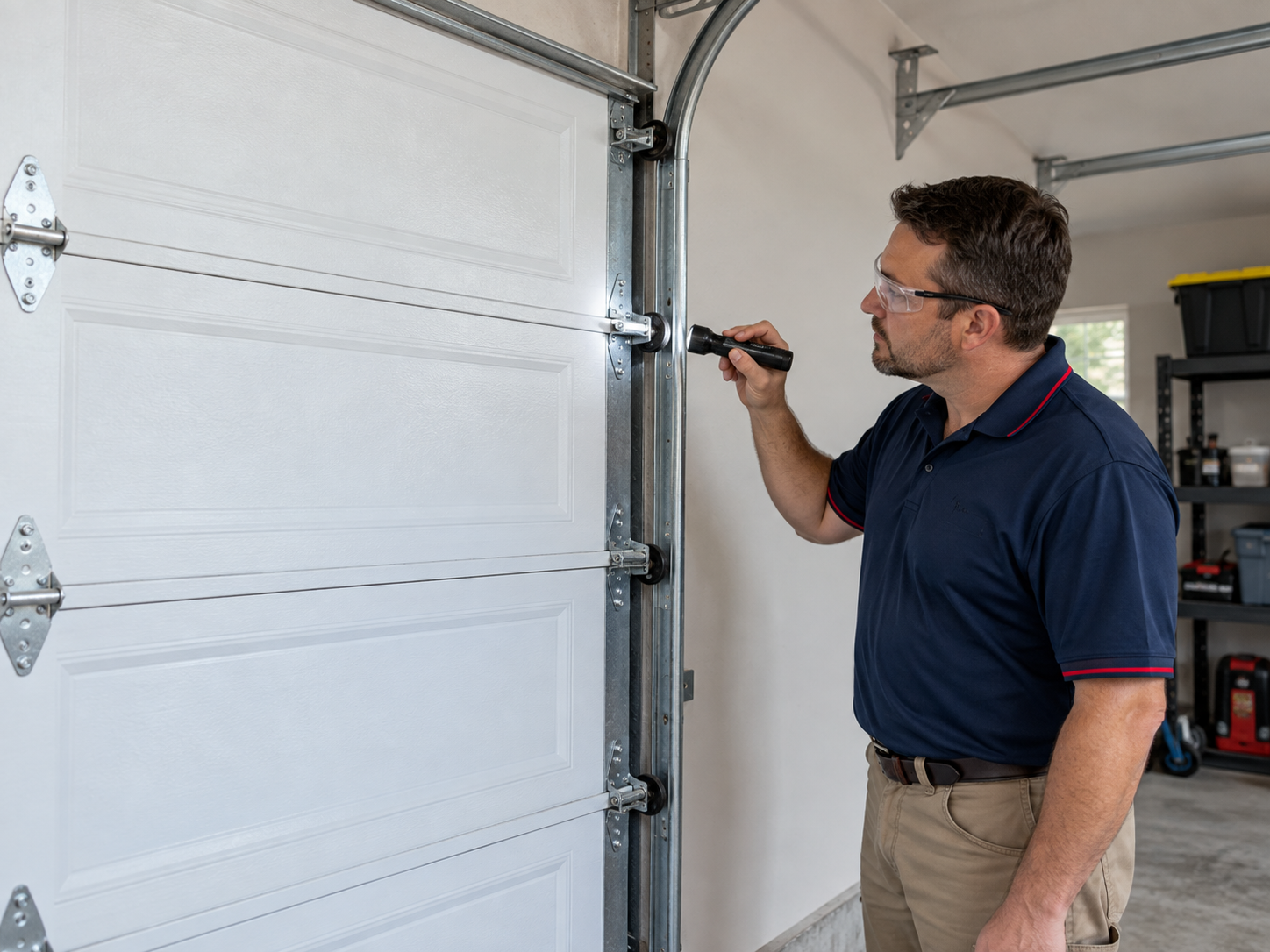 Garage door technician inspecting a residential garage door system